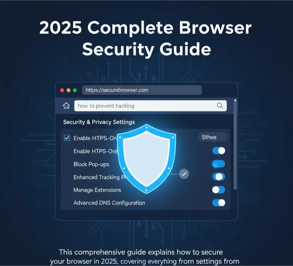 A browser window showing a shield icon and security settings, symbolizing the complete browser security guide for 2025 to protect against hacking.

