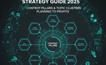 An infographic showing the key components of a successful content marketing strategy, including content pillars and topic clusters.