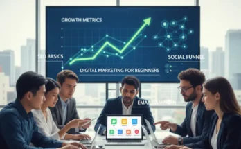 Diverse team learning digital marketing for beginners with laptops and charts showing online strategies in 2025.