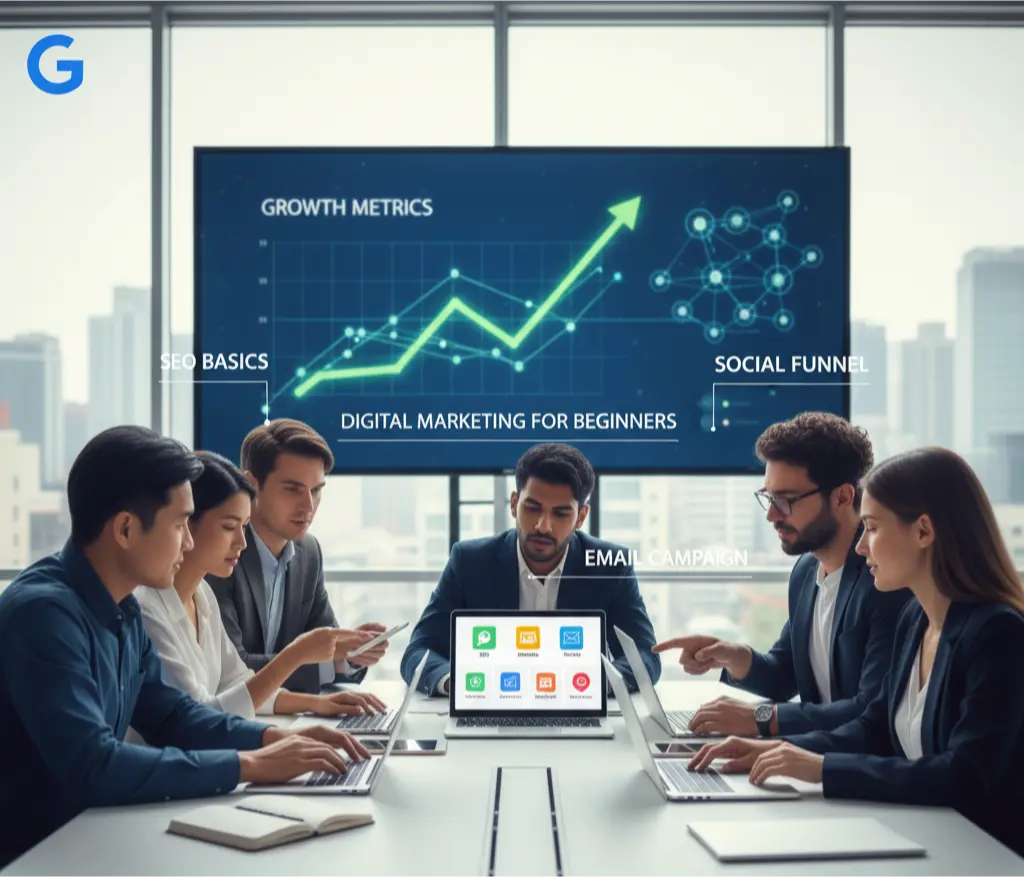 Diverse team learning digital marketing for beginners with laptops and charts showing online strategies in 2025.