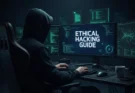 A comprehensive ethical hacking guide showing the five phases of penetration testing on a futuristic computer screen.