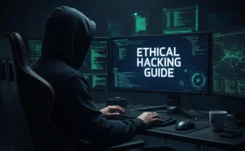 A comprehensive ethical hacking guide showing the five phases of penetration testing on a futuristic computer screen.