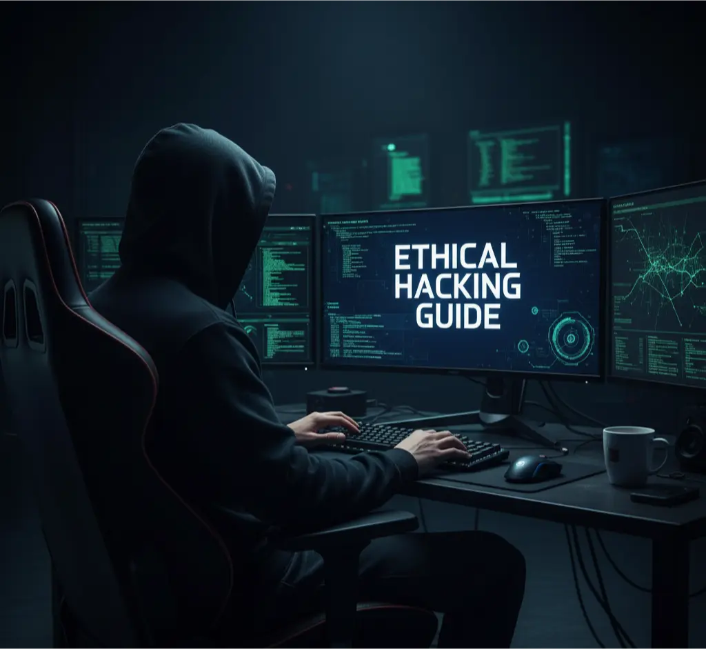 A comprehensive ethical hacking guide showing the five phases of penetration testing on a futuristic computer screen.