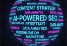 Word cloud illustrating key digital marketing pillars like AI, SEO, content, PPC, influencer marketing, and social media, with a futuristic 2025 theme.