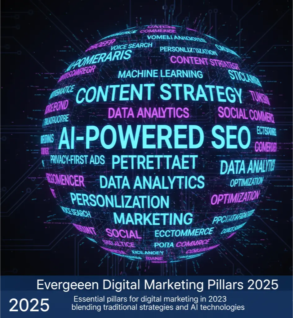 Word cloud illustrating key digital marketing pillars like AI, SEO, content, PPC, influencer marketing, and social media, with a futuristic 2025 theme.