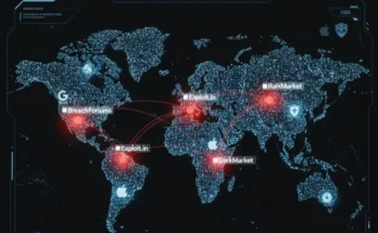 An intelligence map showing the global connections between major underground hacker forums and dark web criminal networks in 2025.