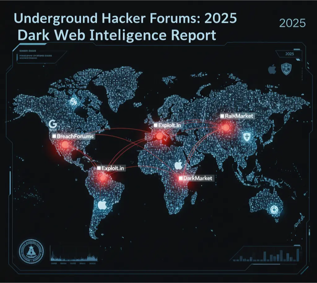 An intelligence map showing the global connections between major underground hacker forums and dark web criminal networks in 2025.