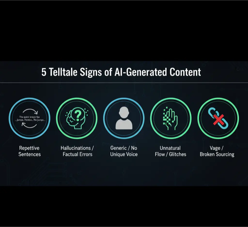 An infographic showing the five main telltale signs of AI-generated content, such as repetitive sentences and factual errors