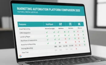 An image showing a detailed marketing automation platform comparison, with features and pricing for different tools.