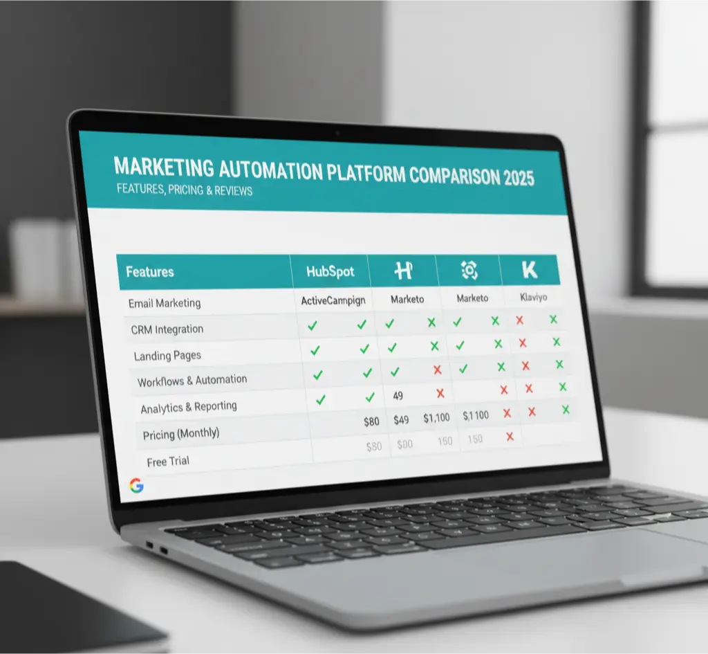 An image showing a detailed marketing automation platform comparison, with features and pricing for different tools.