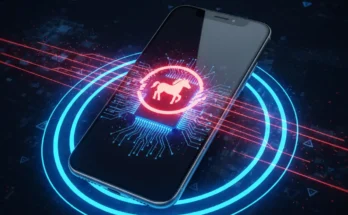 An infographic illustrating mobile malware and trojans in 2025, showing a smartphone infected with a trojan and surrounded by a digital shield representing security.