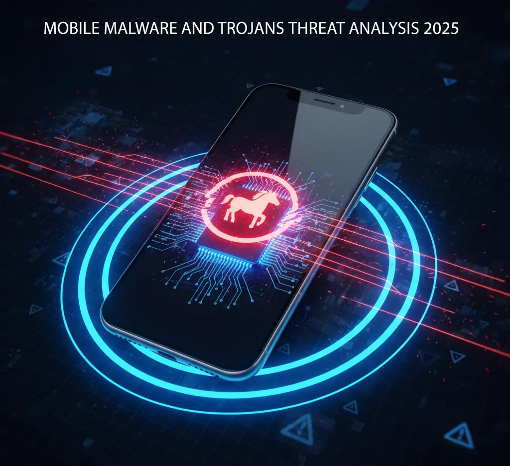 An infographic illustrating mobile malware and trojans in 2025, showing a smartphone infected with a trojan and surrounded by a digital shield representing security.An infographic illustrating mobile malware and trojans in 2025, showing a smartphone infected with a trojan and surrounded by a digital shield representing security.