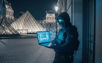 A masked man holding a laptop near the Louvre service entrance at night, symbolizing the cyberattack in the 2025 jewelry heist.