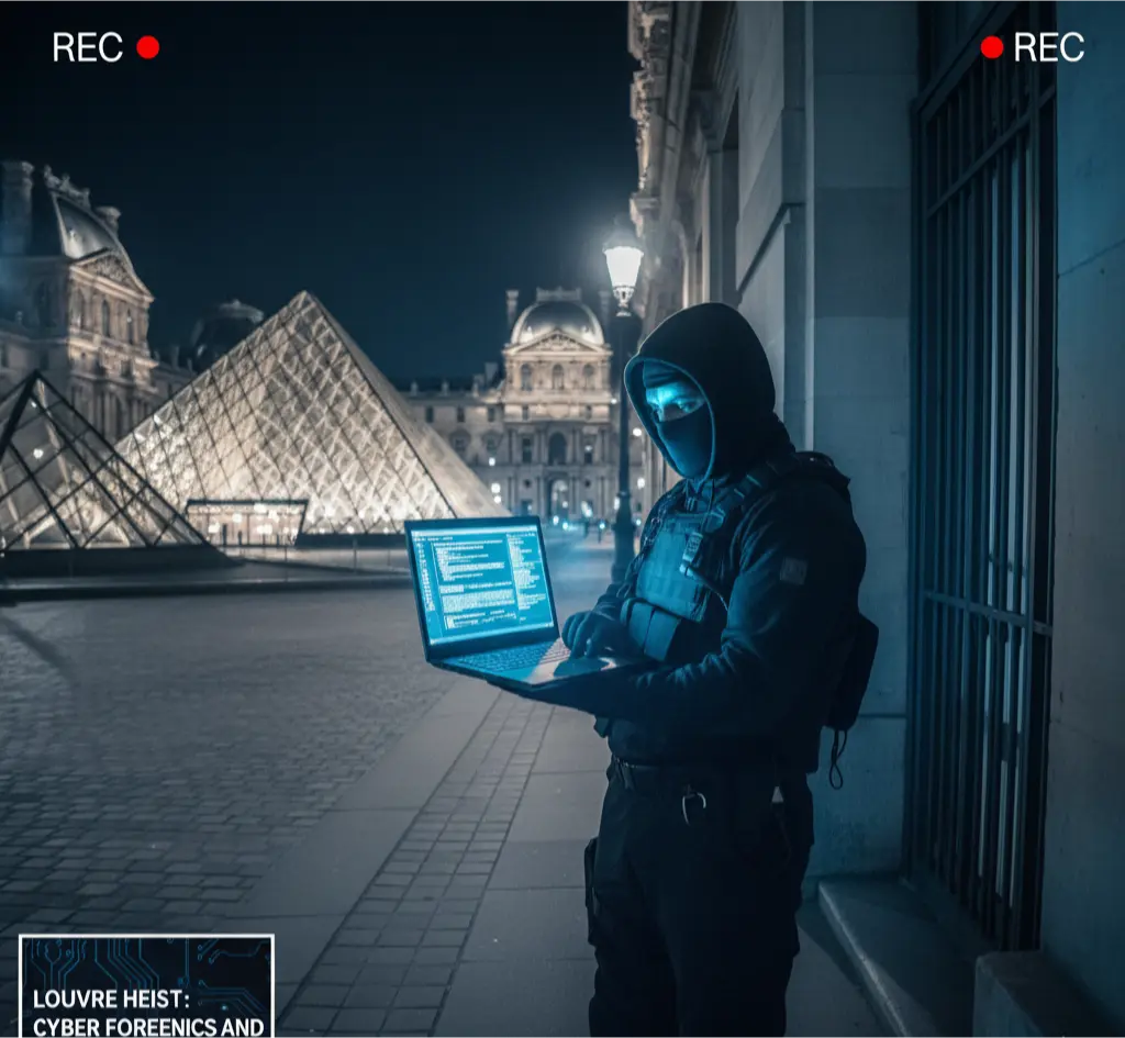 A masked man holding a laptop near the Louvre service entrance at night, symbolizing the cyberattack in the 2025 jewelry heist.