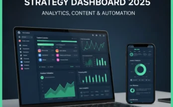 A dashboard showing a comprehensive social media marketing strategy with analytics, content pillars, and advertising campaign results.