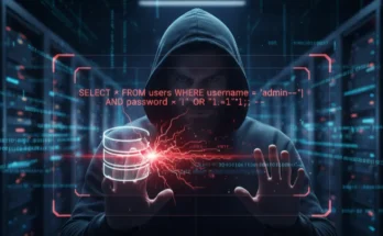 An illustration for the 2025 Advanced Guide to SQL Injection and Database Exploitation, showing a hacker using malicious SQL code to attack a database.