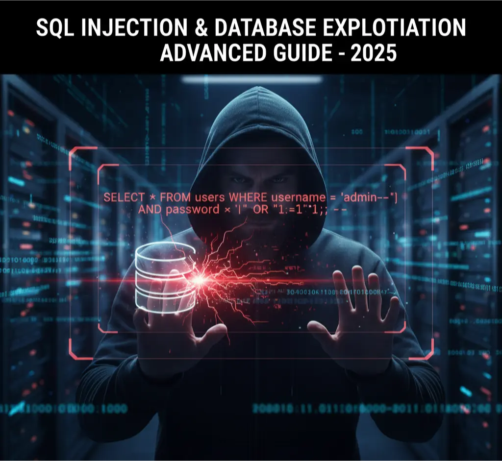 An illustration for the 2025 Advanced Guide to SQL Injection and Database Exploitation, showing a hacker using malicious SQL code to attack a database.