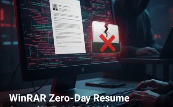 An illustration showing a computer screen with a resume document open, while a hacker's code runs in the background, symbolizing the WinRAR zero-day resume scam.