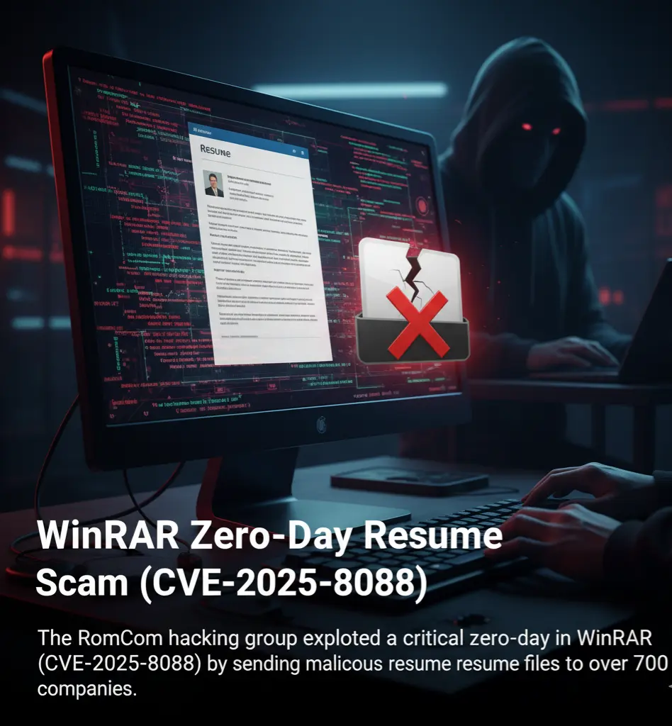 An illustration showing a computer screen with a resume document open, while a hacker's code runs in the background, symbolizing the WinRAR zero-day resume scam.

