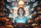A small business owner using a tablet with the WPP Open Pro interface to generate a professional video ad on a small budget, illustrating the power of AI marketing tools.