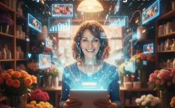 A small business owner using a tablet with the WPP Open Pro interface to generate a professional video ad on a small budget, illustrating the power of AI marketing tools.