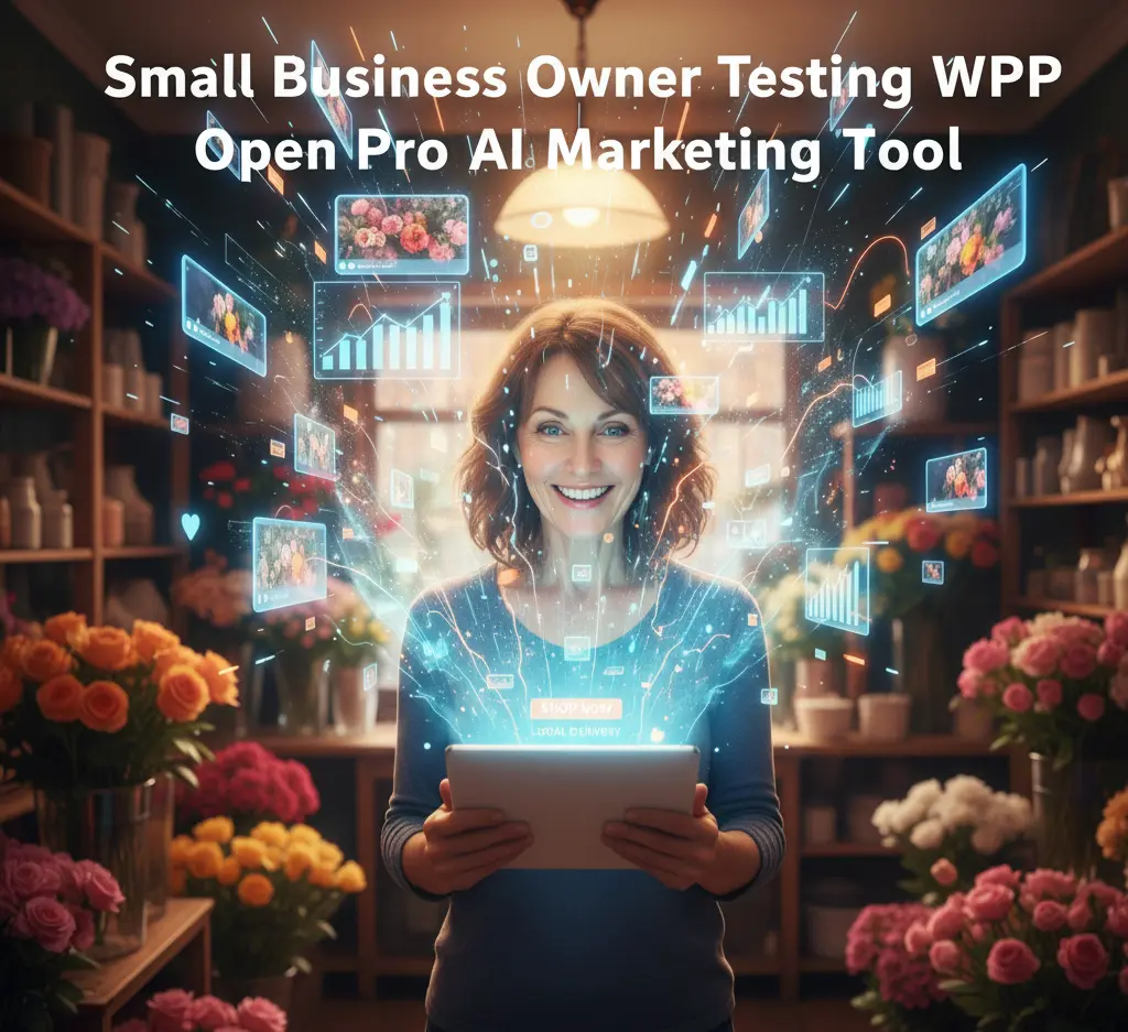 A small business owner using a tablet with the WPP Open Pro interface to generate a professional video ad on a small budget, illustrating the power of AI marketing tools.