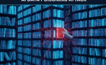 An infographic explaining the data poisoning attack vector where 250 malicious documents can create a backdoor in an AI model's training data.