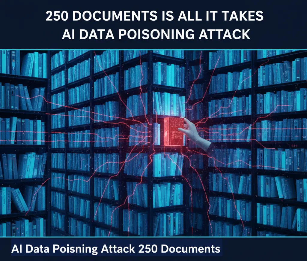 An infographic explaining the data poisoning attack vector where 250 malicious documents can create a backdoor in an AI model's training data.