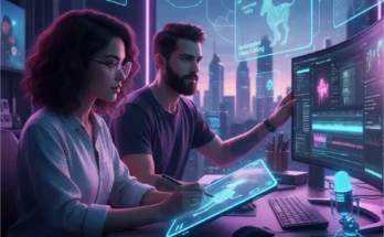 Creative workspace showing AI technology assisting content creators in digital marketing and video production.