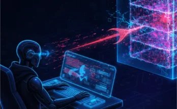 A conceptual image showing an AI red teamer launching an adversarial attack against a neural network to test its security.