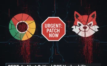 A security alert graphic for the CERT-In emergency directive on critical RCE vulnerabilities in Google Chrome and GitLab.