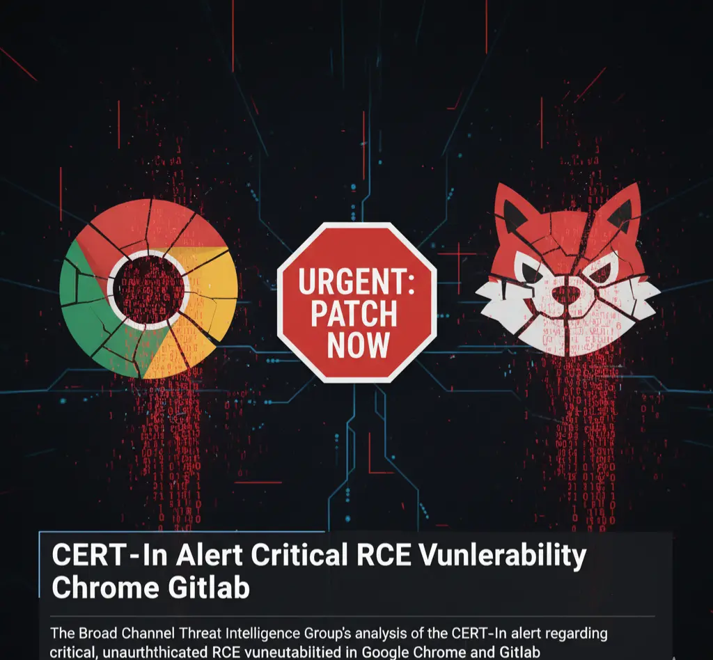 A security alert graphic for the CERT-In emergency directive on critical RCE vulnerabilities in Google Chrome and GitLab.