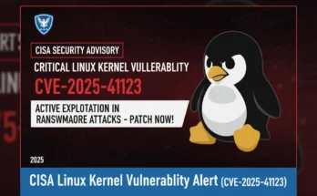 A red and black security alert graphic showing the CISA logo and the Linux penguin mascot with the text "CRITICAL KERNEL VULNERABILITY - ACTIVE EXPLOITATION".