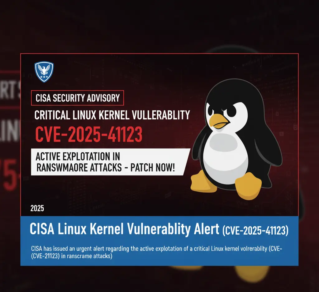 A red and black security alert graphic showing the CISA logo and the Linux penguin mascot with the text "CRITICAL KERNEL VULNERABILITY - ACTIVE EXPLOITATION".