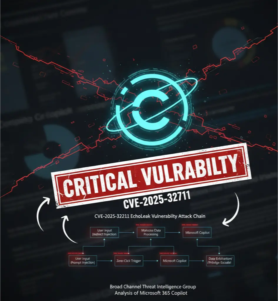 A threat analysis diagram showing how the CVE-2025-32711 EchoLeak vulnerability uses indirect prompt injection to trigger a zero-click attack in Microsoft Copilot.