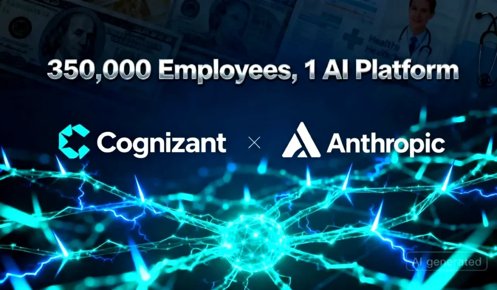 An infographic showing the Cognizant and Anthropic logos connected, with the text "350,000 Employees, 1 AI Platform" highlighting the scale of the enterprise AI deal.

