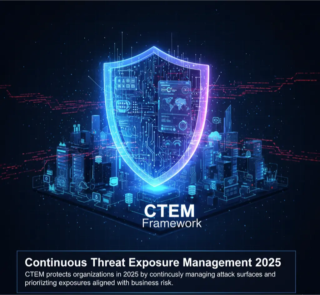 Strategic digital shield visual symbolizing continuous threat exposure management (CTEM) protecting enterprise IT assets in 2025.