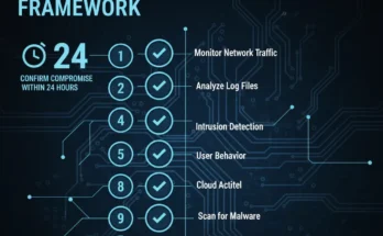 A cybersecurity expert's 12-step data breach detection framework checklist for identifying if an organization has been compromised.