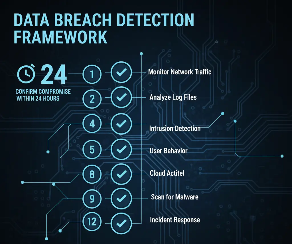 A cybersecurity expert's 12-step data breach detection framework checklist for identifying if an organization has been compromised.
