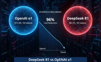 A comparative analysis chart showing the cost and performance benchmarks of DeepSeek R1 versus OpenAI o1 and Google Gemini 2.5 for enterprise AI procurement.
