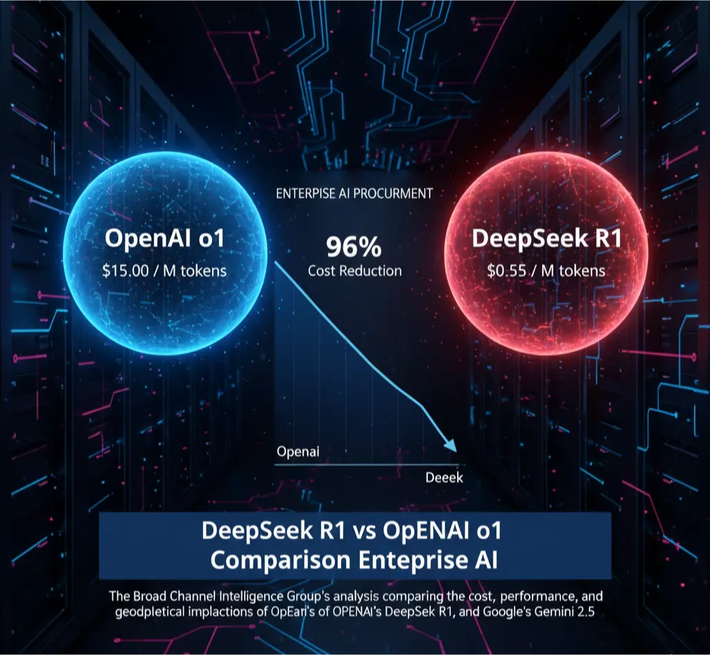 A comparative analysis chart showing the cost and performance benchmarks of DeepSeek R1 versus OpenAI o1 and Google Gemini 2.5 for enterprise AI procurement.