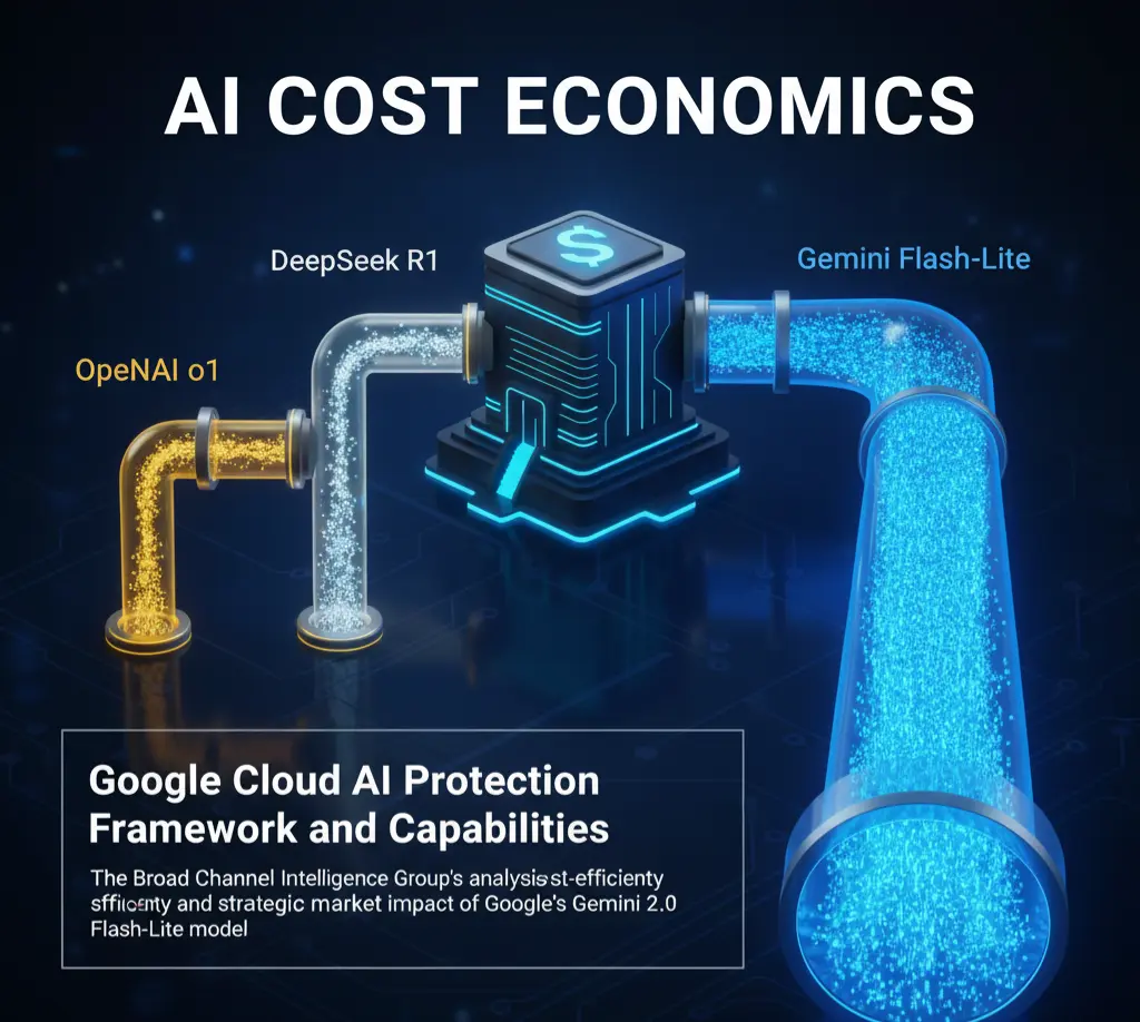 A cost-comparison chart showing the economic advantage of Google's Gemini 2.0 Flash-Lite AI model versus OpenAI o1 and DeepSeek R1 for enterprise use cases.