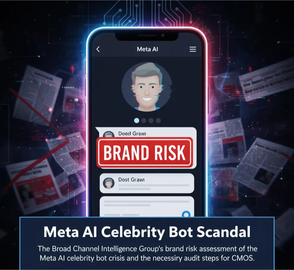A brand risk analysis graphic showing the legal and reputational dangers of the Meta AI celebrity bot scandal for CMOs and marketers.