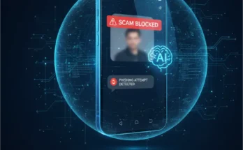 A graphic illustrating Google's new on-device AI scam detector on an Android phone, blocking a fraudulent call and a phishing message.