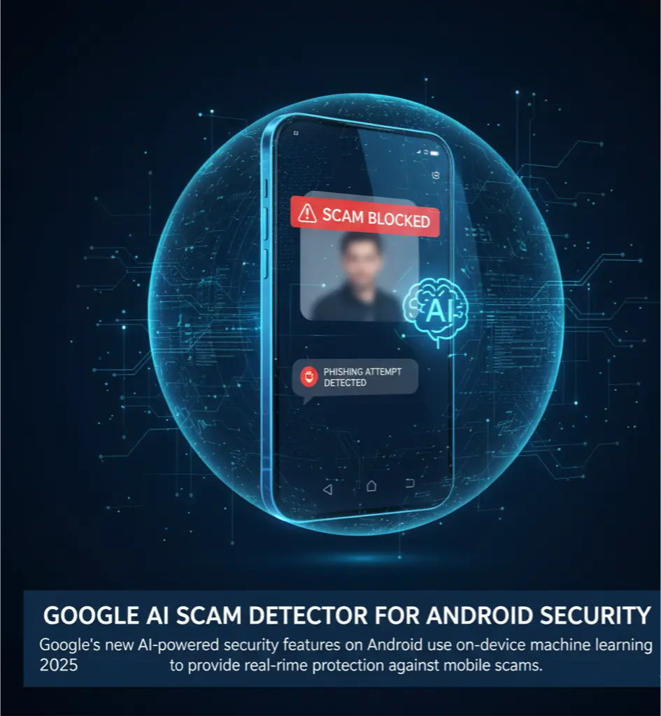 A graphic illustrating Google's new on-device AI scam detector on an Android phone, blocking a fraudulent call and a phishing message.
