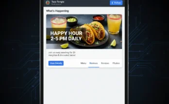 A screenshot showing the "What's Happening" feature on a Google Business Profile for a multi-location restaurant, promoting a happy hour special.