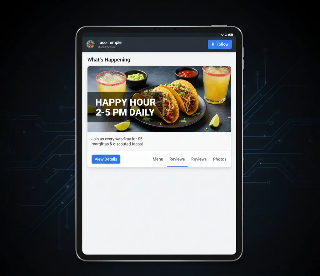 A screenshot showing the "What's Happening" feature on a Google Business Profile for a multi-location restaurant, promoting a happy hour special.