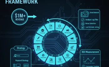 A diagram showing the 12-step framework for building a $1M+ content marketing engine, including strategy, production, and ROI measurement.
