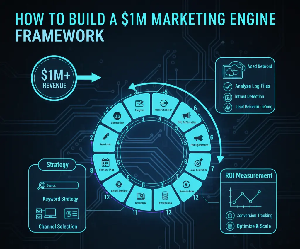 A diagram showing the 12-step framework for building a $1M+ content marketing engine, including strategy, production, and ROI measurement.