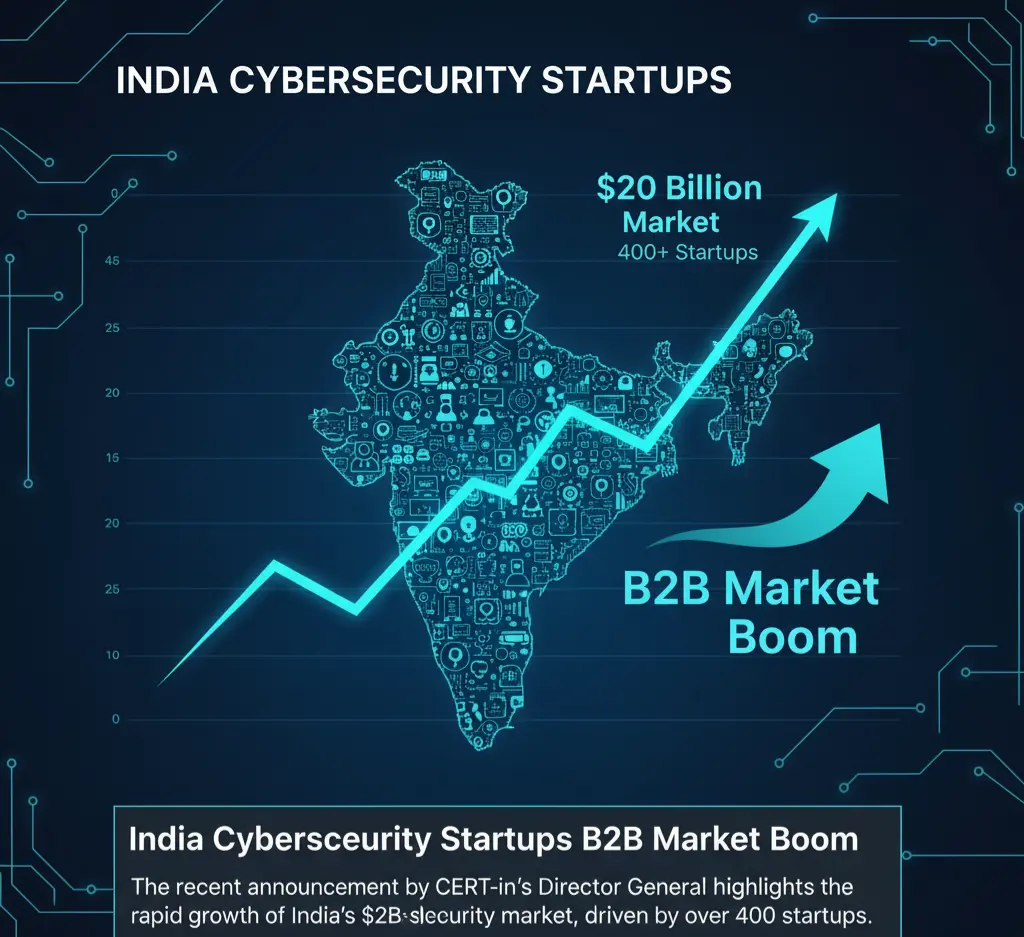 A market analysis graphic illustrating the growth of India's $20 billion cybersecurity startup ecosystem, a major B2B marketing opportunity.